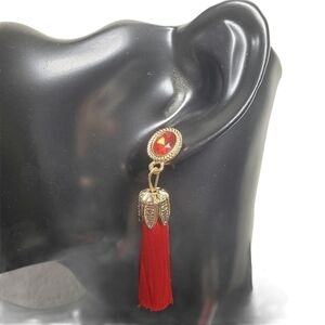 Red Opaque Dangle Tassel Bohemian Post Earrings